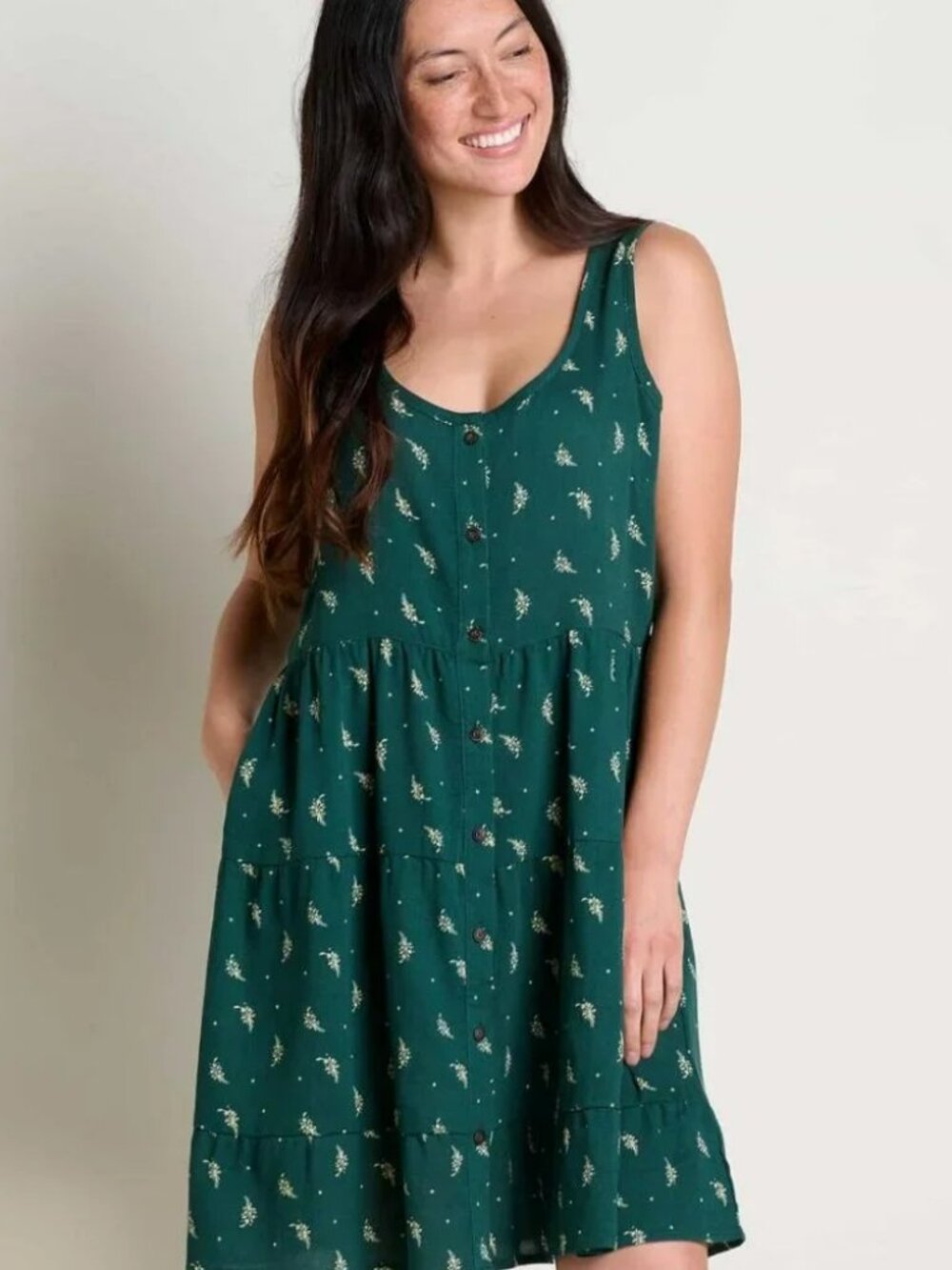 Granola Boho Beach Coastal Toad&Co Green Cream Floral Mini Dress Size Large NWT